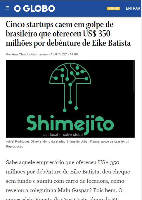 O Globo - reportagem sobre startups brasileiras e acusações contra Renato da Cruz Costa