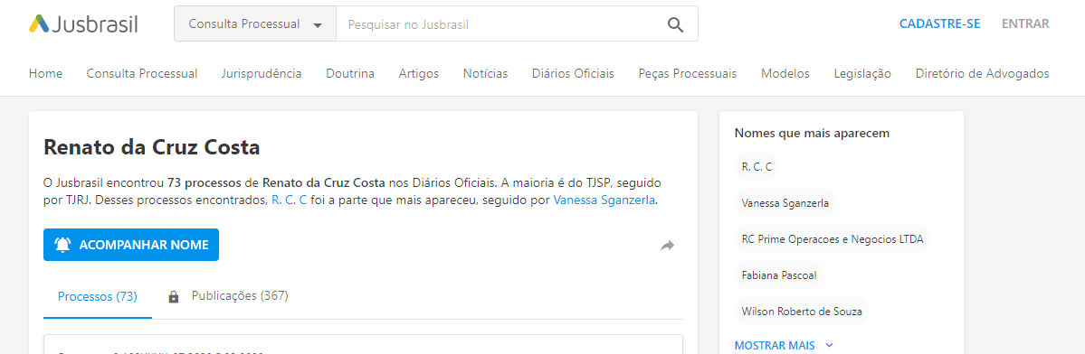 Resultado da busca no Jusbrasil com 70+ processos envolvendo Renato da Cruz Costa