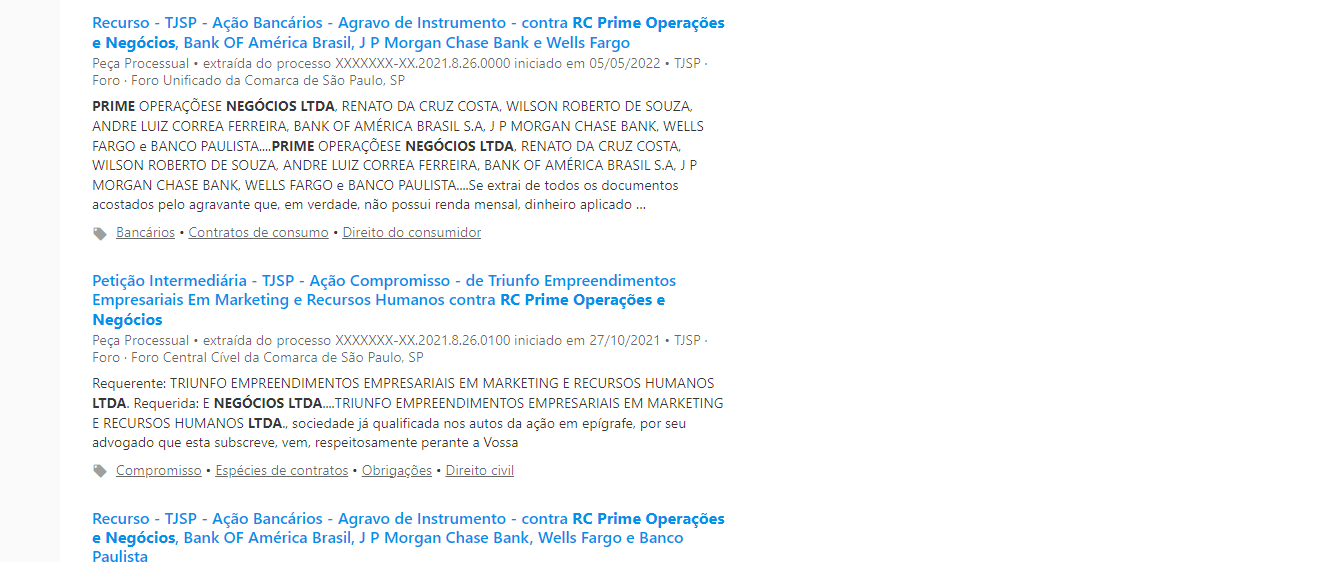 Resultado Jusbrasil para RC Prime Operações e Negócios Ltda - empresa de Renato da Cruz Costa